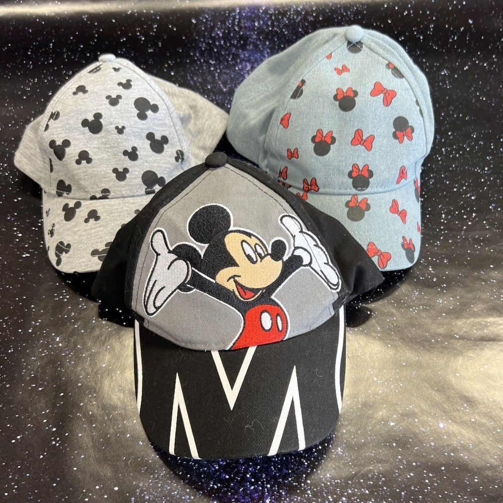 Lot of 3 Disney Mickey & Minnie Baseball Hat's Childrens Black Gray Blue